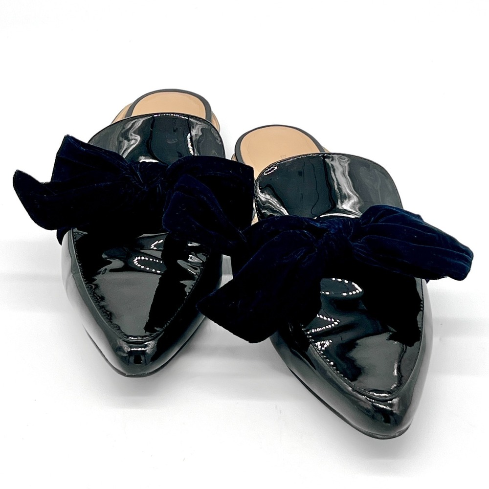 Banana Republic Black Patent Pointed Velvet Bow Mules